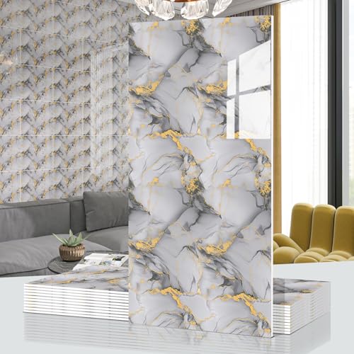 Marble Peel and Stick Backsplash 23.6 x11.8 in, 10PCS - color: Light Gray Gilding