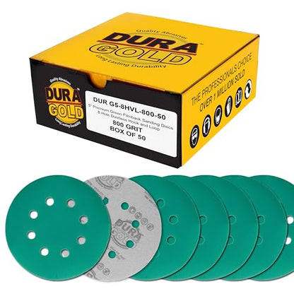 Dura-Gold 5" Green Film Sanding Discs, 800 Grit, 8-Hole, Box of 50, H & L - style: 800 Grit