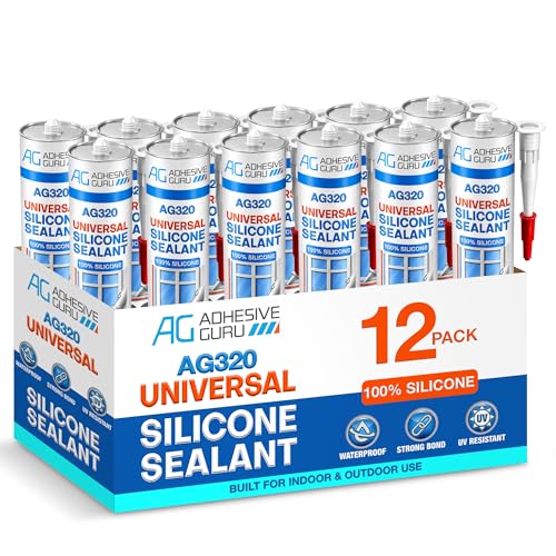 Adhesive Guru All Purpose Clear Silicone Sealant Waterproof (12 x 10.15 fl.oz.), 100% Silicone Caulk, Weatherproof & Flexible Adhesive Sealant for Indoor and Outdoor Use, Transparent -12 Pack - size: 12 Pack