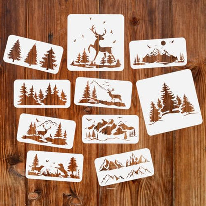 10Pcs Christmas Pine Trees and Deers Wall Stencil Templates Reusable Plastic Forest Stencils for Painting on Wood Wall Floor Fabric Glass Furniture - style: Pine Tree C