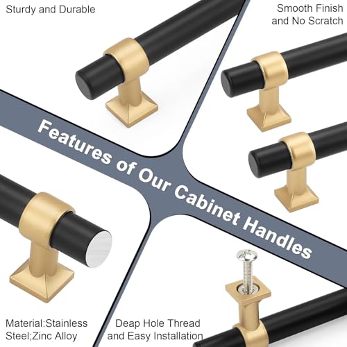 Black & Champagne Cabinet Pulls 2.5 Inch Hole Centers T Bar 10 Pack - color: Black with Champagne Gold Base, size: Hole Centers: 2.5inch