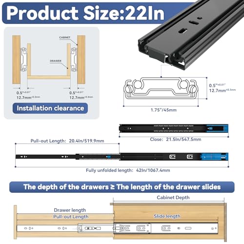 22 Inch Push to Open and Soft Close Drawer Slides,Full Extension,1 Pair - size: 22 Inch