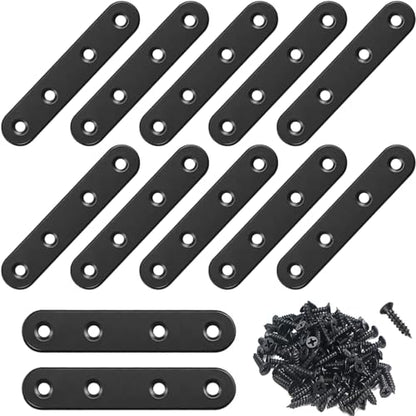 12Pcs Black Straight Brackets 3 Inch Stainless Steel Flat Brace Mending Plates, Sturdy Metal Repair Fixing Joining Brackets for Wood Furniture with Screws - size: 12 Pack