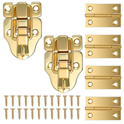 2 Pack Retro Gold Style Duckbilled Hasp Clasp Latch, Antique Metal Box Latch Toggle Hasp Catch with Padlock Hole and 4 Pcs Hinges with Matching Screws Kit for Wooden Jewelry Box Cabinet Toolbox