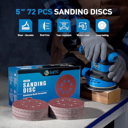 S SATC 72 PCS 5 Inch 8 Hole Hook and Loop Adhesive Sanding Discs Sandpaper for Random Orbital Sander 40 60 80 120 180 240 320 Grits - style: 72PCS 5 Inch Assort Grit
