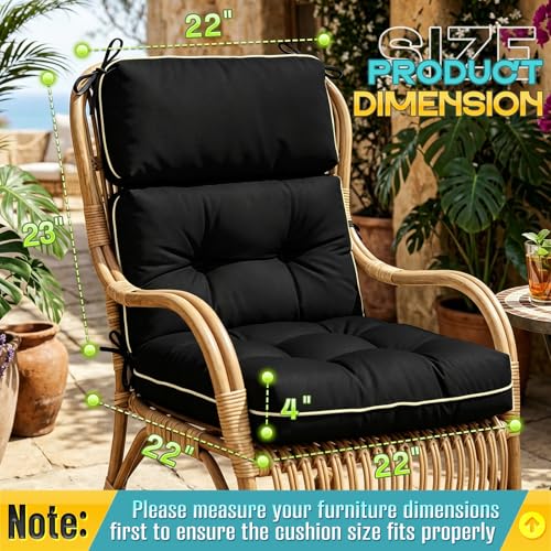 Patio Chair Cushions High Back 44"x22"x4" Thick (Black) - color: Black