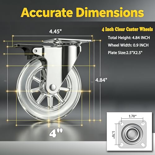 4" Caster Wheels, 1100lbs, Lockable, Gel Clear, 4-Pack - size: 4 inch, With Brake