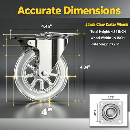4" Caster Wheels, 1100lbs, Lockable, Gel Clear, 4-Pack - size: 4 inch, With Brake