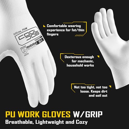 COOLJOB 12/60 Pairs Safety Work Gloves Pack Bulk with Grip PU Coating - color: White, size: Medium (Pack of 12)