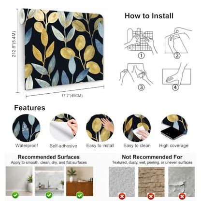 Black and Gold Leaf Peel and Stick Wallpaper 17.7" x 212.6" - color: Blue/gold/Black, size: 17.7" x 212.6"