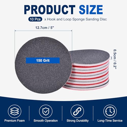 10Pcs 5 Inch Hook and Loop Sponge Sanding Disc, 150 Grit - size: 5 Inch 150 Grit