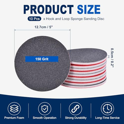 10Pcs 5 Inch Hook and Loop Sponge Sanding Disc, 150 Grit - size: 5 Inch 150 Grit