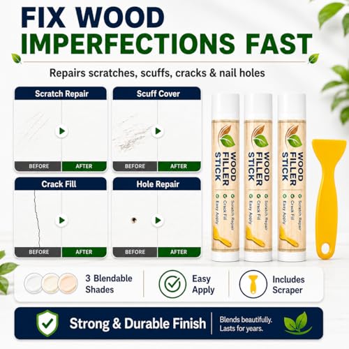 White Wood Filler Sticks 3 Pack, Quickly White Wax Fill Stick, Wood Repair Kit for Scratches, Crack, Scuffs, Gouges on Wooden Funiture, Floors, Cabinets, Tables, and Doors