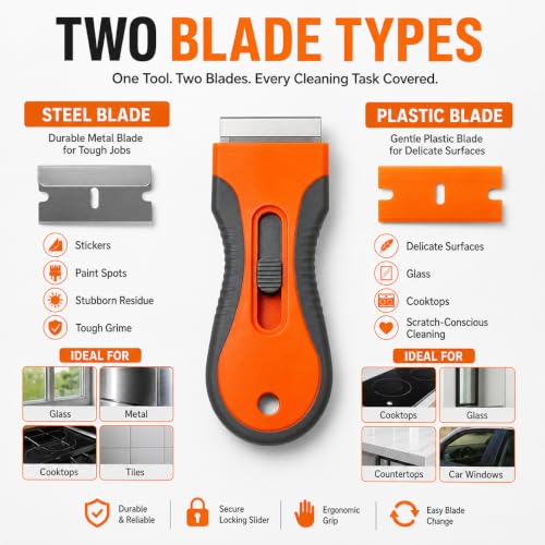 Razor Blade Scraper Tool with 20pcs Extra Blades, Razor Blade Retractable,Safety Lock Paint Stripping Tool, for Removing Labels, Stickers, Decals, Paint from Glass - color: Telescopic scraper