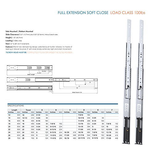 Pair of 24" Rok Hardware Soft Close Drawer Slides, Full Extension, Ball Bearing, 100 lb Weight Capacity - Available in 12", 14", 16", 18", 20", 22" and 24" Lengths - size: 24 Inch
