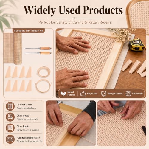Reaeng Rattan Repair Kit for Chair Caning, Complete Furniture Restoration Kit with 15.7 x 39.4 Inch Cane Webbing Roll, Spline, 2 Caning Chisels and 8 Wooden Wedges - color: Style B