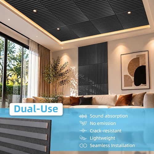 Art3d 6-Pack Acoustic Wood Slat Panel & Ceiling Tile, 2 x 2 ft, Blackwood - color: Blackwood, size: 24 x 24 inch