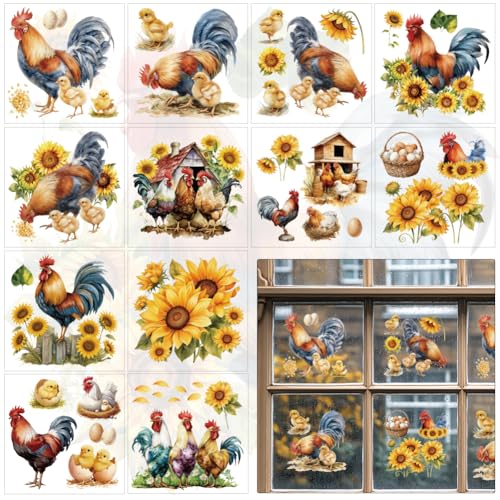12 Sheets Rooster Pattern Rub on Transfers for Crafts and Furniture, 5.5"x 5.5" Watercolor Window Transfer Stickers for DIY Crafts Decor, Decoupage Paper for Furniture Glass Decals - style: Vintage