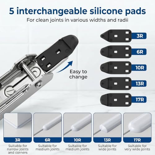 6-in-1 Caulking Tool Kit for Removing Old Caulk and Smoothing New Sealant, Stainless Steel Caulk Remover with 5 Silicone Pads for Bathroom, Kitchen, Window, Sink and Tile - color: ‎silver