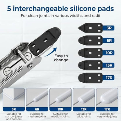 6-in-1 Caulking Tool Kit for Removing Old Caulk and Smoothing New Sealant, Stainless Steel Caulk Remover with 5 Silicone Pads for Bathroom, Kitchen, Window, Sink and Tile - color: ‎silver