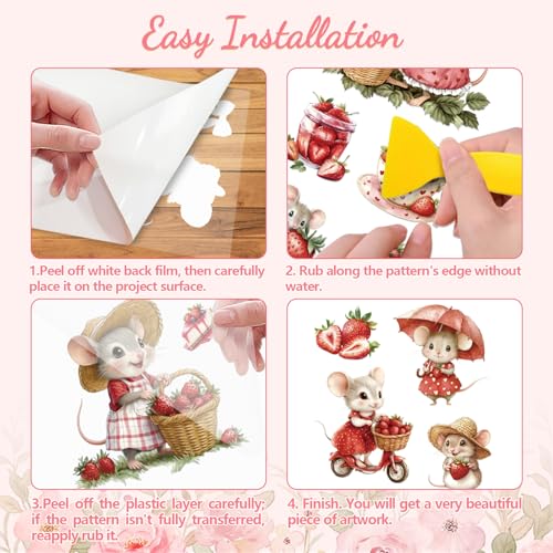Peacoblue Strawberries and Mice Rub On Transfers for Furniture Craft 6"x12" - style: Strawberries and Mice