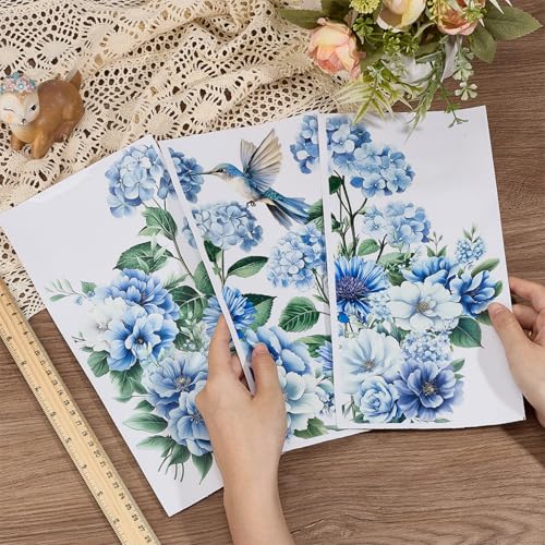 OLYCRAFT 3pcs/Set Blue Flowers Rub on Transfers for Furniture and Crafts 6x12 inch Hydrangea Hummingbird Furniture Decals Chrysanthemums Transfer Stickers Rub on Decals for Wood Home Decor - style: Blue Flower