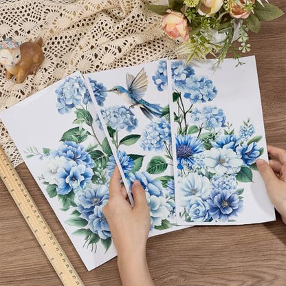 OLYCRAFT 3pcs/Set Blue Flowers Rub on Transfers for Furniture and Crafts 6x12 inch Hydrangea Hummingbird Furniture Decals Chrysanthemums Transfer Stickers Rub on Decals for Wood Home Decor - style: Blue Flower