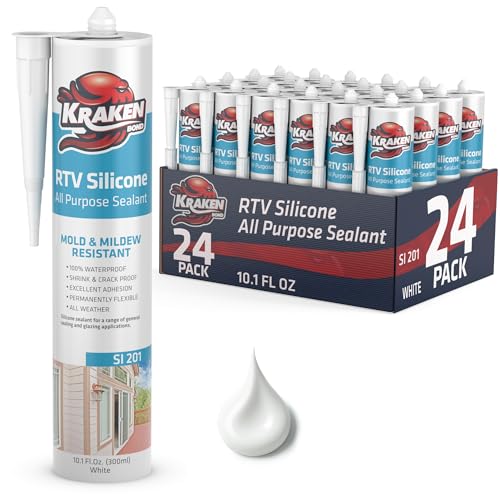 Kraken Bond RTV Silicone Sealant White (24 x 10.1 fl.oz.)%100 Waterproof Silicone Caulk Kitchen and Bathroom, All Purpose, Window Caulking Sealant Outdoor, RV, 24 Pack - size: 24 Pack