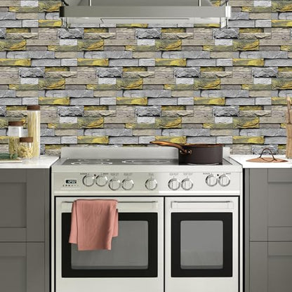 Alwayspon 24Pcs 12x6inch Peel&Stick Wall Sticker Vinly Wallpaper, Waterproof Backsplash for Kitchen Bathroom, Self-Adhesive Tile Transfers Decal Stick on Tiles with Yellow Stone Brick Effect - color: Fg-l14, size: 24 Pcs
