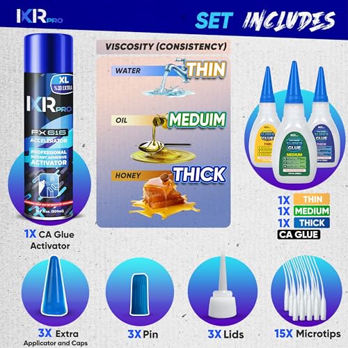 CA Glue with Activator Kit (3x1.75 oz. Thin-Medium-Thick + 16.9 fl.oz.) Cyanoacrylate Glue and Activator, Super Glue Accelerator, Super Glue for Wood, Woodworking, Plastic, Guitar, 3D Printing - size: 1 Pack