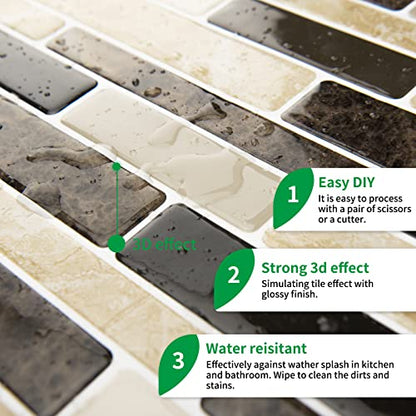 LONGKING 10-Sheet Brown Peel and Stick Backsplash Tile for Kitchen, Vinyl Stick on Tile Stickers for Wall, Kitchen, Bathroom, Counter Top - color: Sandstone Brown