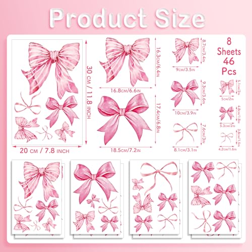 Pink Bow Wall Stickers, 8 Sheets 46 Pcs - color: Pink Bow