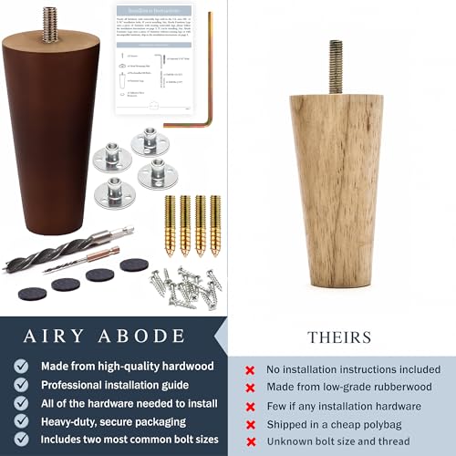 Airy Abode Premium Walnut Wood Furniture Legs (Full Install Kit) - Pick Your Size and Color - color: Brown, size: 6 Inches