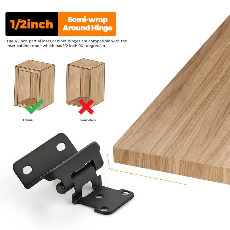 Ravinte Matte Black Semi-Overlay 1/2 inch Self-Closing Hinges, 50 Pack - color: Matte Black