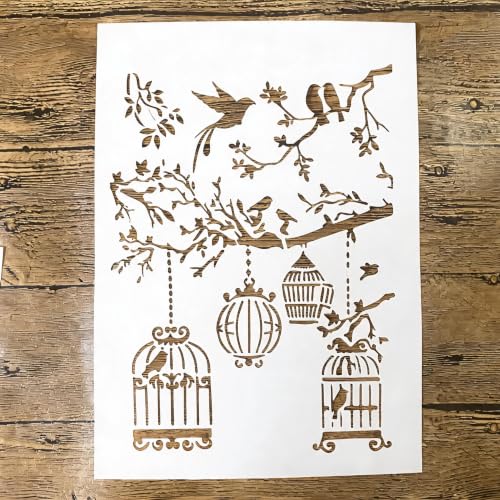 TIAMECH A4 Reusable Vintage Bird Cage Stencil for Painting - style: Bird Cage Tree Branch