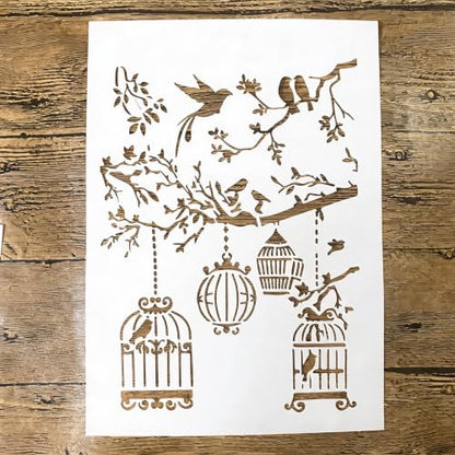 TIAMECH A4 Reusable Vintage Bird Cage Stencil for Painting - style: Bird Cage Tree Branch