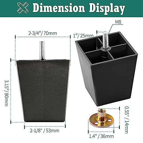 4pcs Plastic Square Legs 3" with Plate Nuts, M8-1.25 Thread - size: 3 Inch, M8-1.25 Metric Bolts