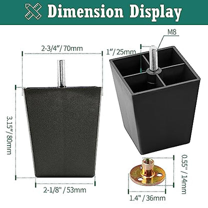 4pcs Plastic Square Legs 3" with Plate Nuts, M8-1.25 Thread - size: 3 Inch, M8-1.25 Metric Bolts