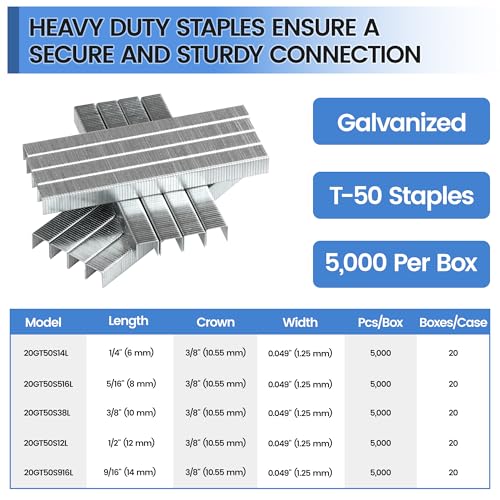 meite T50 Staples, 1/2 Inch Heavy Duty Staples for Staple Gun, Galvanized 20 Gauge 3/8 Inch Crown Staple for Upholstery, Construction, Furniture (1 Case) - size: 1/2 Inch, style: 20 Boxes