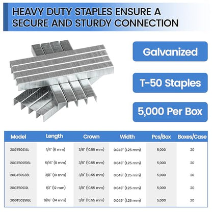 meite T50 Staples, 5/16 Inch Length Heavy Duty Staples for Staple Gun, Galvanized, 20 Gauge 3/8" Crown, Compatible with T50 Staple Gun, Ideal for Upholstery, Construction, Furniture (5,000 Counts) - size: 5/16 Inch, style: 1 Box (5,000 Counts)