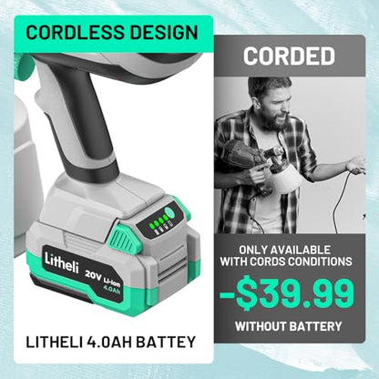 Litheli 20V Cordless Paint Sprayer with 4.0Ah Battery, 200W HVLP Electric Sprayer Gun, 3.5lbs Lightweight Paint Gun with 1000ml Container, 3 Nozzles for House Painting, Furniture, Fence, Wall - style: E1-20V 4.0Ah