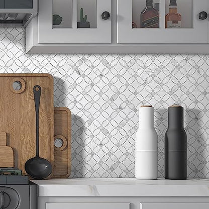 10-Sheet Coin Waterjet Peel and Stick Backsplash, Carrara White Marble Looks Self Adhesive Tiles, Stick on Backsplash for Kitchen, Bathroom