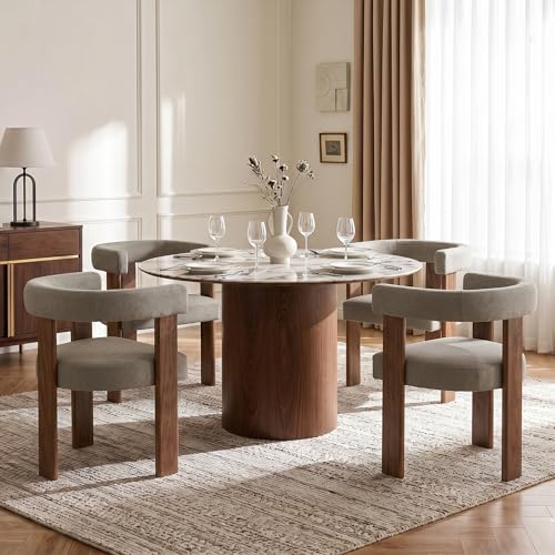 Usaint Wooden Barrel Dining Chairs Set of 6 with Walnut Wood Legs and Arm - color: Brown, size: Set of 6