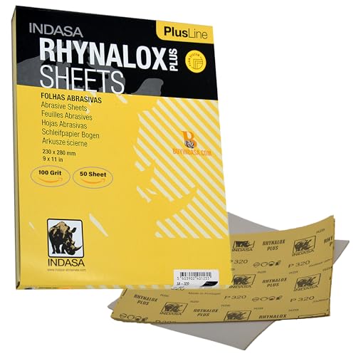 Indasa 50 PCS 9x11 Sandpaper Rhynalox Plusline - 100 Grit Dry Sanding Sheets, Professional-Grade Abrasive for Wood, Metal, Automotive, and Paint Finishing - Durable, Clog-Resistant Sand Paper - size: 100 GRIT 9x11" Rhynalox