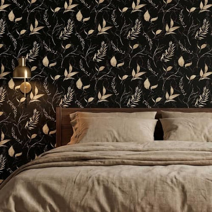 Dark Black and Gold Leaf Peel and Stick Wallpaper 17.7" x 124" - color: Black&Gold, size: 17.7" x 124"