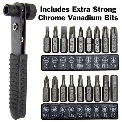 Right Angle Close Quarters Ratcheting Reversible Screwdriver Set with 18 Bits by EX ELECTRONIX EXPRESS