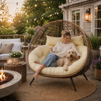 Outdoor Double Egg Chair Cushion Replacement Waterproof Thickened Cotton Hanging Basket Egg Chair Cushion 55x35 Inch Universal Fit for Patio Wicker Swing Chair (Biege) (Cushion ONLY) - color: Biege