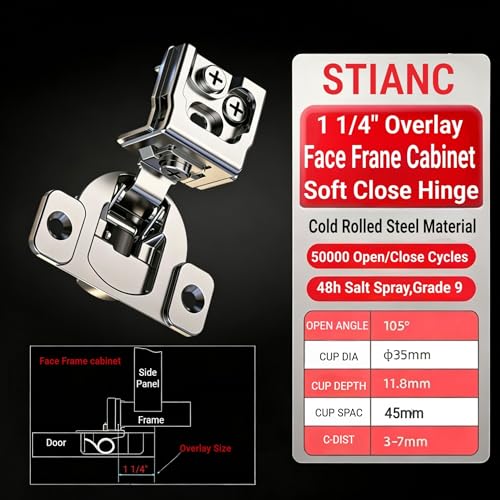 50 Pcs 1 1/4" Overlay Soft Close Cabinet Hinges 105° 3D Adjustable - size: 1-1/4"