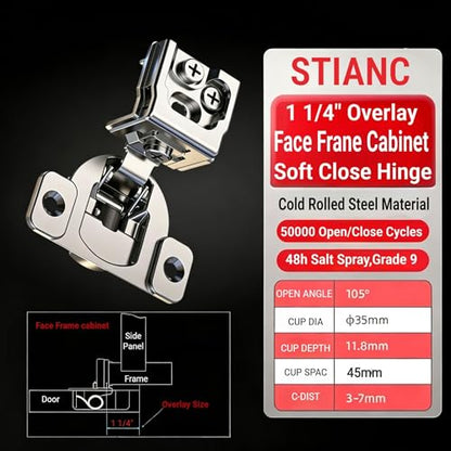 50 Pcs 1 1/4" Overlay Soft Close Cabinet Hinges 105° 3D Adjustable - size: 1-1/4"