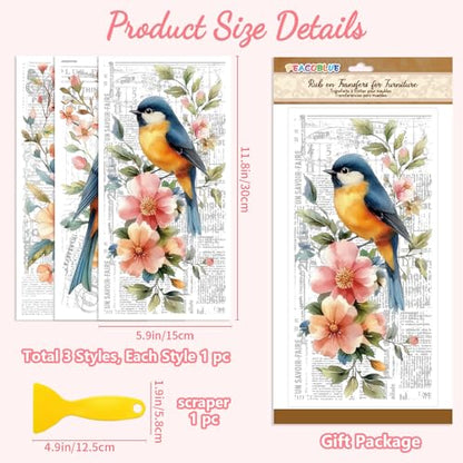 Peacoblue Single Bird Flower Rub On Transfers for Furniture 6"x12" - style: Single Photo Of Bird And Flower